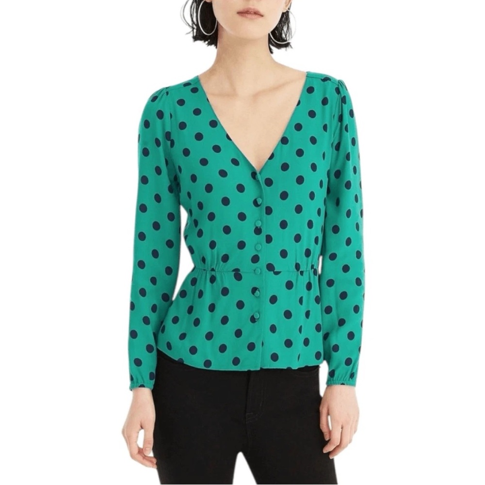 J. Crew Green and Navy Polka Dot blouse, size 6
